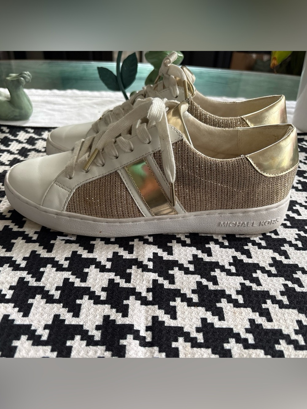 Michael Kors Women’s Metallic Gold and Cream Knit Sneakers